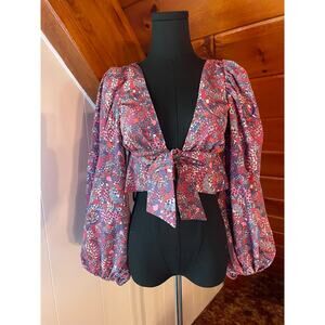NWT For Love & Lemons Pink & Purple Paisley Tie Crop Blouse sz XS